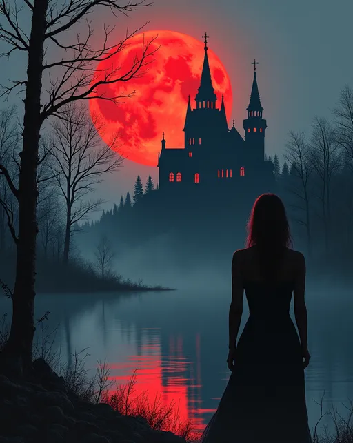 Prompt: a painting of a house with a red moon in the background and a lake with a tree in front of it, in the foreground the ghostly sillouette of a woman can be guessed, Dan Mumford, Gothic Art, Dark Art, a detailed matte painting