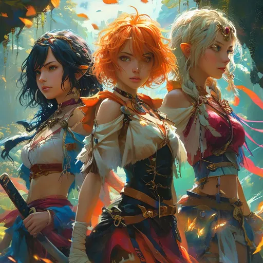 Prompt: (cover image for a new Isekai fantasy manga), 4women, vibrant colors, dynamic composition, all-female adventure group, fierce and confident expressions, diverse outfits representing their unique skills, a magical landscape backdrop filled with enchanted forests and ancient ruins, glowing elements hinting at magical powers, high energy and camaraderie among the characters, (ultra-detailed, HD) quality to capture every intricate detail of the characters and environment.