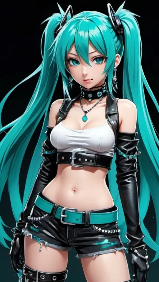 Prompt: Vibrant anime illustration of Hatsune Miku, standing solo, with sharp teeth and intense gaze, wearing stylish clothes writing, detailed elbow gloves, and edgy fingerless gloves, adorned in spiked jewelry, including earrings and choker, midriff-baring shirt and pants, accessorized with a stylish belt and boots, sporting iconic twintails and very long hair, with a futuristic choker, looking directly at the viewer, highres, detailed, anime, vibrant colors, midriff-baring, futuristic, edgy, cool tones, professional, atmospheric lighting