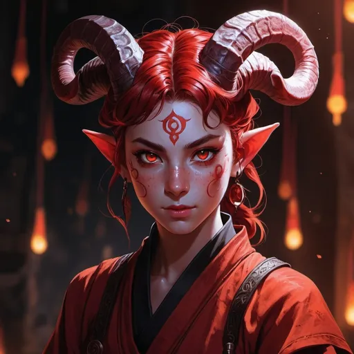 Prompt: hires, anime illustration, full body shot of a young tiefling girl with red skin, detailed facial features with small horns and scratches, intense red eyes, intricate black freckles, wearing a monk outfit, D&D character, detailed, professional, anime, fantasy, vibrant colors, dynamic pose, atmospheric lighting