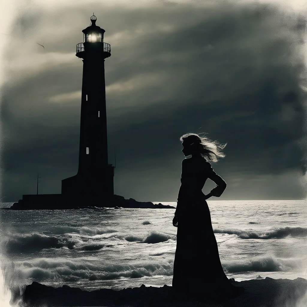 Prompt: (sad beautiful woman), full growth, light long dress, (blowing in the wind), silhouette of a military man, (illuminated by a lighthouse), cool tones, dramatic lighting, a melancholic atmosphere, gentle waves in the background, soft shadows, tranquil yet poignant scene, ultra-detailed, cinematic quality, emotionally evocative image with a dreamlike essence.