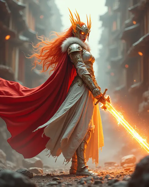 Prompt: 1Girl, white-golden elaborately decorated armour, red waving cape, standing in a futuristic urban canyon modelled on an ancient Japanese great power, she is wielding a sword flaming with electrifying pulsating power, full armour in mech warrior style (fur trimming, gauntlets, glowing helmet) holding sword, holding weapon, orange-red long waving hair, the picture radiates a powerful, oppressive and at the same time sublime aura.