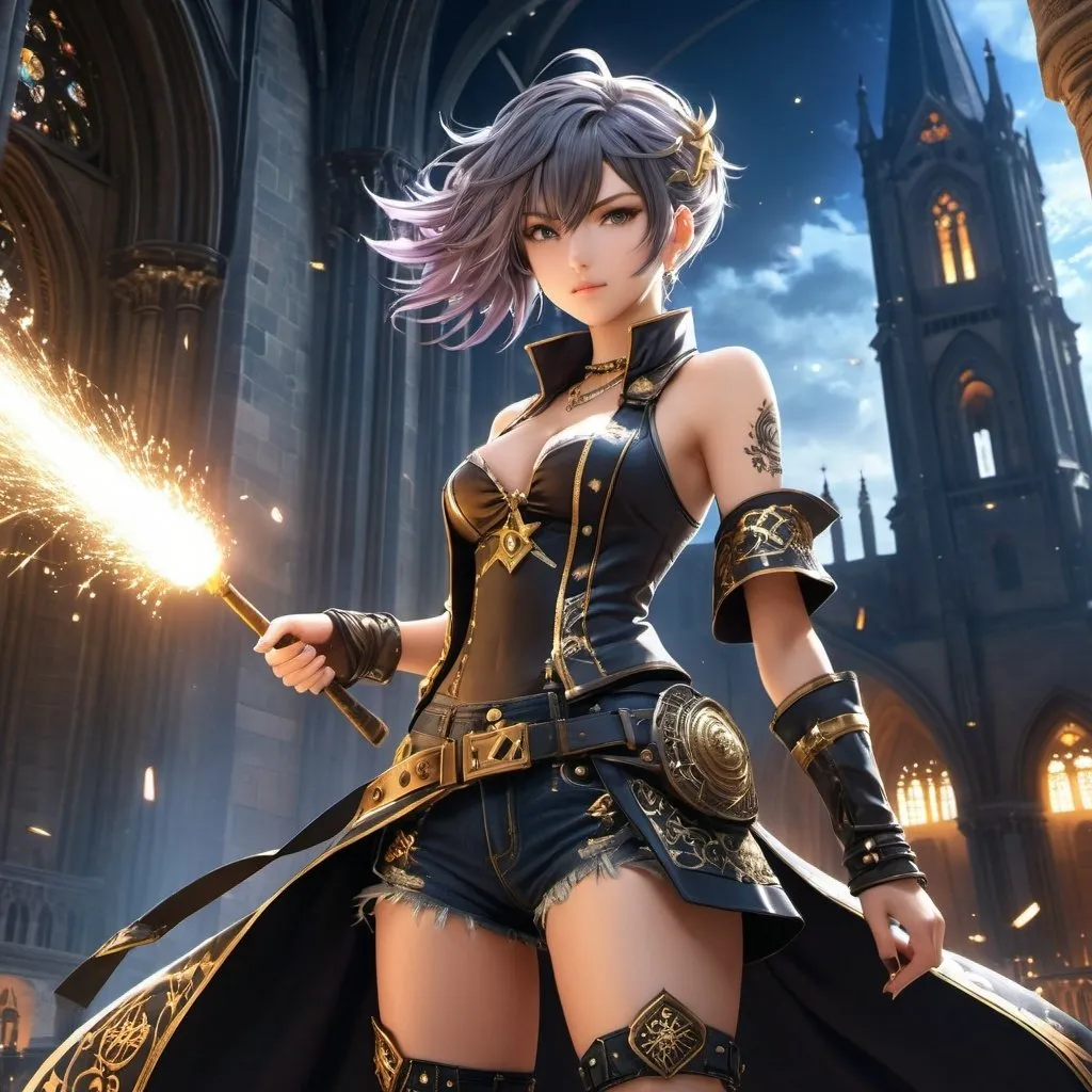 Prompt: Masterpiece, anime, fantasy genre, punk girl in an ornate cut-off wizard outfit, Perfect voluminous body, detailed character design, professional, atmospheric lighting, flying sparks, dark atmosphere, Tense expression on his face, Old cathedral in the background, wide view