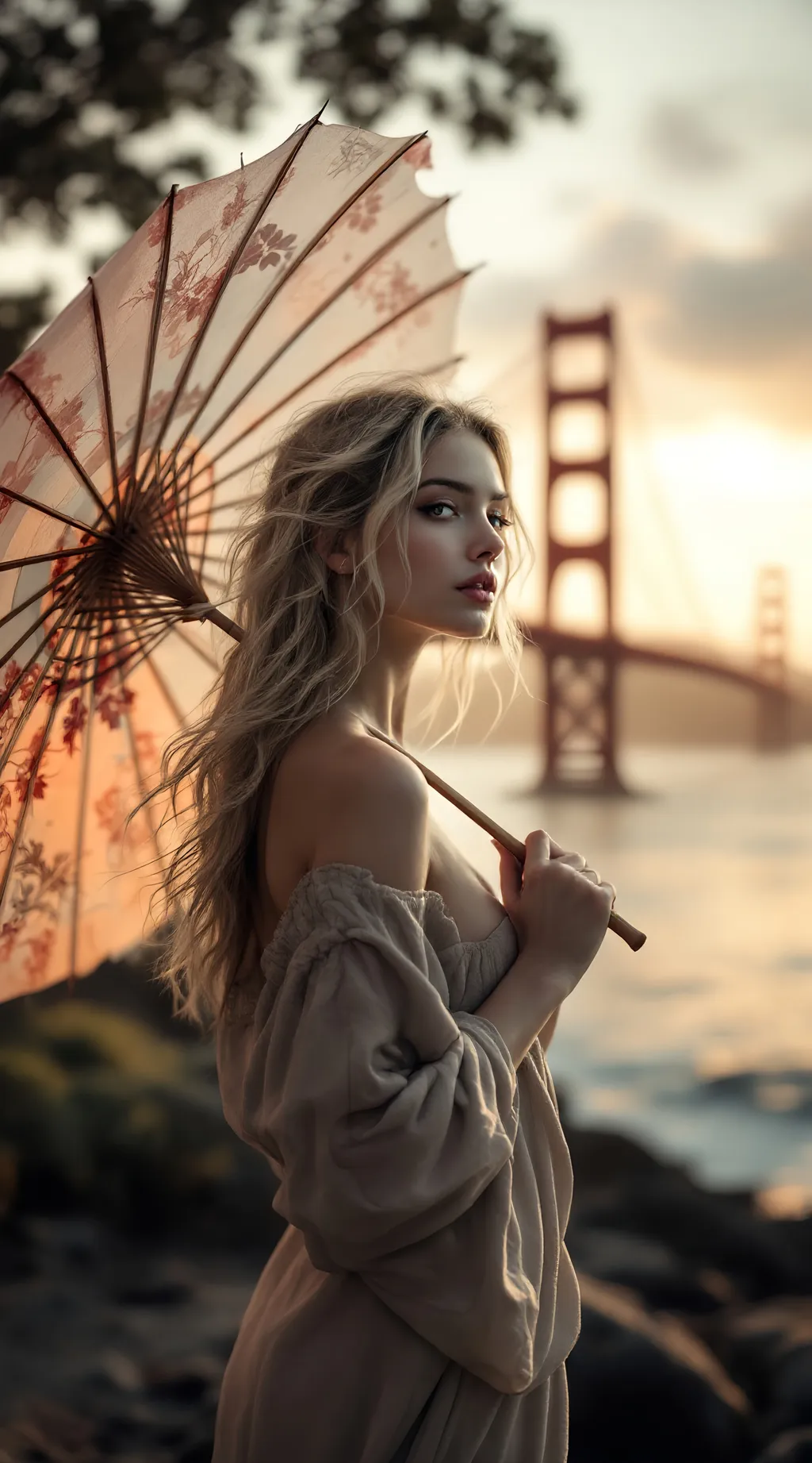 Prompt: monochrome snapshot of a 3D rendering of a charming blonde finnish girl with a Japanese oil paper umbrella near a river Golden Gate Bridge blurred in the background, cinematic lighting, ultra-realistic textures, golden hour, she wears a loose airy outfit that holds her flowing tousled hair, the wind catches in her skimpy clothes and reveals the parts of her perfect body, the 8K
