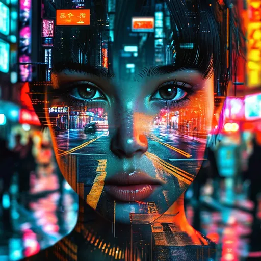 Prompt: (masterpiece, digital art:1.3), highly intricate double exposure art inspired by Yuumei, (close-up of a person's eye:1.2) superimposed on a bustling city street, cyberpunk aesthetic, trending on CGSociety, multiple exposure technique, overlaying textures with glowing holographic elements, technicolor palette, bright city lights illuminating the scene, reminiscent of "The Matrix" film's Pinterest color scheme, high definition rendering, colorful dream-like atmosphere, elaborate details in the digital art, futuristic and vibrant, captivating visual narrative.