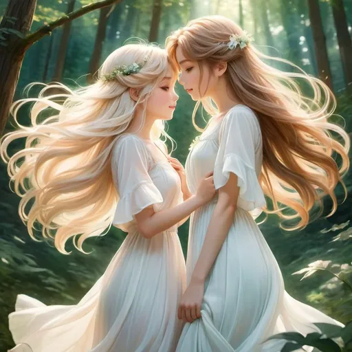 Prompt: High quality anime illustration of two  young girls in Airy White Dresses, long wild hair flowing in the wind, looging each other in eyes, natural forest setting, detailed features, soft pastel color tones, gentle lighting, detailed eyes, intricate hair, love, emotional connection, fantasy, romantic, ethereal, woodland, professional, soft lighting, detailed illustration, anime, detailed eyes, soft color tones, full body shot.