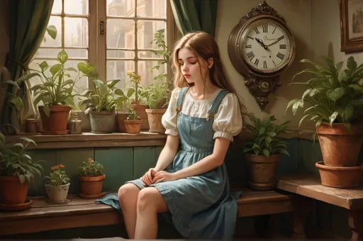 Prompt: girl sitting on bench, room with plants, clock on wall, window, Alice Prin, official art, neo-romanticism, detailed painting, highres, detailed, official style, cozy atmosphere, romantic, warm lighting, vintage colors, plant-filled room, open eyes, antique clock, intricate details, professional, indoor setting, peaceful ambiance