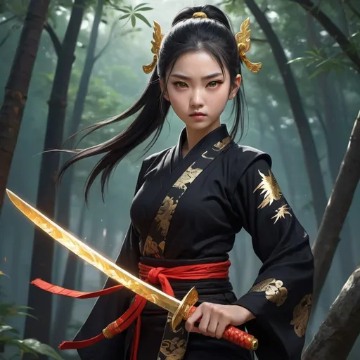 Prompt: A mysterious young ninja girl in midnight black traditional Chinese clothes, golden accessories, stealthy posture, a kunai, phoenix pattern, mesmerizing eyes, palm edges, epic air and lightning and forest bend, gustatory auditory synesthesia art, super high details --ar 2:3 --niji 5