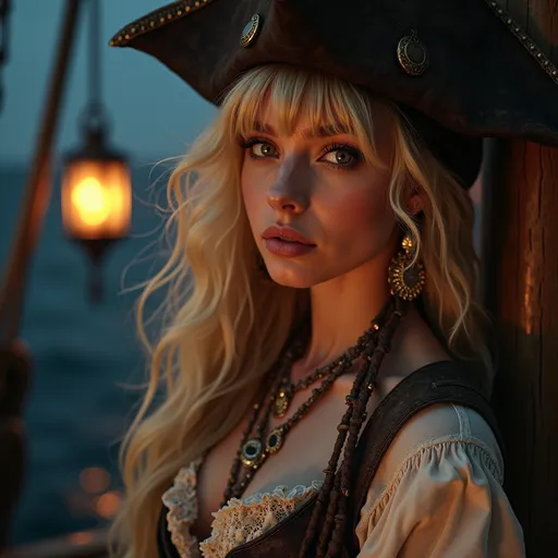 Prompt: detailed face, face in sharp focus, extremely detailed, stunning blonde young pirate woman, long full hair, bangs, side stripes, upper body, lace, leather, tricorn, headscarf, , earrings, necklaces, side soft light, elegant, beautiful, highly detailed, stunning, face sharp, Dutch point of view, on board a pirate ship at night leaning against the mast, hyperdetailed dynamic photorealistic image, high quality, lighting by lanterns