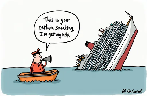 Prompt: A humorous simple cartoon. The scene centers on the tilted, sinking cruise ship on the right, with large windows and passengers visible on the decks. On the left, a small orange lifeboat with a calm captain holding a megaphone. The captain's speech bubble reads, "This is your captain speaking. Stay calm, I’m getting help". 