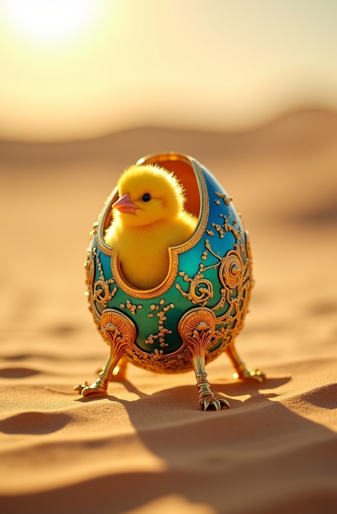 Prompt: close-up, cinematic photo desert, light yellow sand, wind picks up sand blowing through the desert, in the foreground is a filigree designed Faberge egg (blue-green-golden ornaments on a four-legged golden stand), the upper shell of the Faberge egg is broken open and a cute yellow chicken hatches, the cracked shell of the Faberge egg lies in the desert sand, the sun is low in the sky, it makes the Faberge egg shine mystically, the desert air shimmers slightly, 35mm photography, film, professional, 4k, very detailed