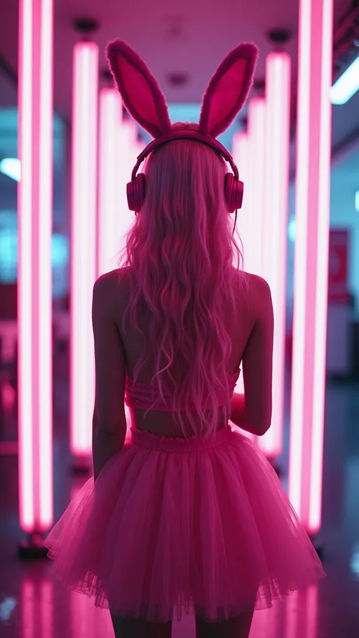 Prompt: The pink bunny girl in the cyber world is a cyberpunk (full body photo), with beautiful long hair, wearing a pink skirt, pink bunny ears, pink headphones, neon lights, and a sense of technological future.

Phase One XT IQ4 150MP, low exposure, high contrast, ISO 50, with an 80mm prime lens.