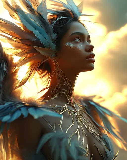 Prompt: (1 girl), (Harpy), striking wings, ethereal presence, neckline, vibrant feather patterns, dramatic scenery, magical atmosphere, cloud-filled background, warm golden glow, high-quality details, dynamic pose capturing grace and majesty, enchanting expressions, captivating gaze, mythical elegance, ultra-detailed, full body.