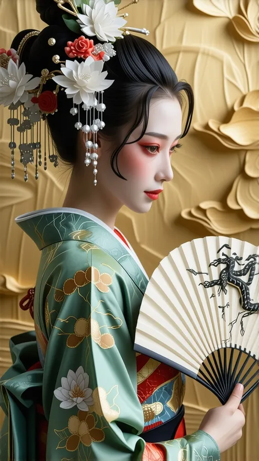 Prompt: An enchanting oiran with a kimono woven from threads of liquid crystal, displaying ever-changing patterns of traditional and futuristic art. Her hair is adorned with living origami creatures that fold and unfold. She holds a fan that, when opened, reveals a portal to another dimension against the golden backdrop.