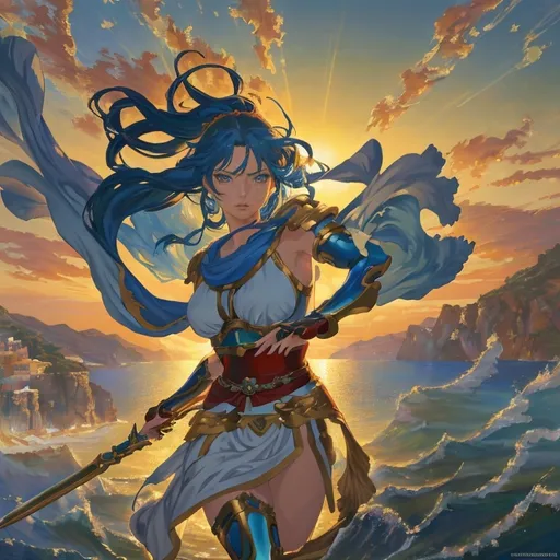 Prompt: anime masterpiece as oil painting, female Greek warrior, (detailed character design), vibrant colors, dramatic poses, Mediterranean background, (lush landscapes), influenced by Yutaka Minowa and Yoshiaki Kawajiri, strong expression, flowing fabrics, sun-drenched atmosphere, high-detail artwork, (dynamic composition), (4K resolution), (enhanced depth)