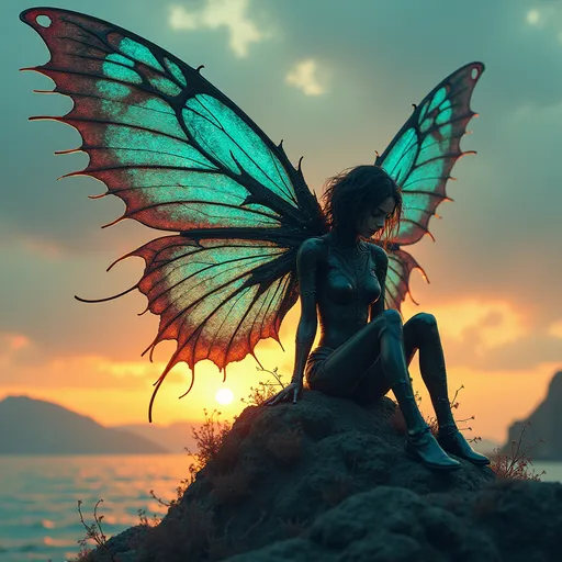 Prompt: 1Girl, cybernetically enhanced fairy dressed in a breath of nothingness, large wings, beautiful, dangerous, sitting on a rock, otherworldly scenery, sky, sunset, twilight, water
((Surreal masterpiece, hyper-detailed graphic illustration)), masterpiece of art, deep black, bright turquoise, dark magenta, muted golden yellow, shadowy green, dark orange and rich crimson)), highly saturated hues, biomechanical transformations with anatomical precision, organic matter fused with baroque machinery, dark tonal palette balanced with saturated colours, ((exemplary draughtsmanship)), ultra high fidelity, flawless technical execution.