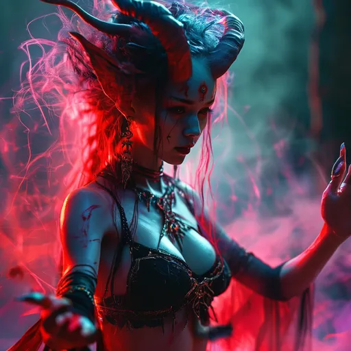 Prompt: (young demoness, full body), (tight outfit), performing an incantation, dramatic shadows, eerie ambience, vivid red and deep purple light, swirling mist, ancient runes glowing faintly, fantastical elements, demon summoning, high detail, mysterious background, 4K resolution, cinematic atmosphere, supernatural energy in the air, full body shot.