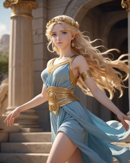 Prompt: masterpiece of anime art (CGI, 8k), Ancient Greece, Athenian Dynasty 2,500-year-old talented young girl (full body), bright blue eyes, passionate and determined, flowing blonde and radiant hair, dancing, summer, ornate decorations, professional golden lighting, tilted frame, magnification, high detail --ar 3:4 --niji 5 --q 2