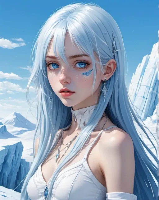 Prompt: Anime style digital artwork of a young girl with blue long hair and piercing blue eyes, detailed lips, skinny, slender waist, ice magician, white detailed outfit, photorealistic painting by Alice Prin, computer generated art, ice landscape in the background, clear blue sky, ultra high resolution, photorealistic, anime, full body shot.