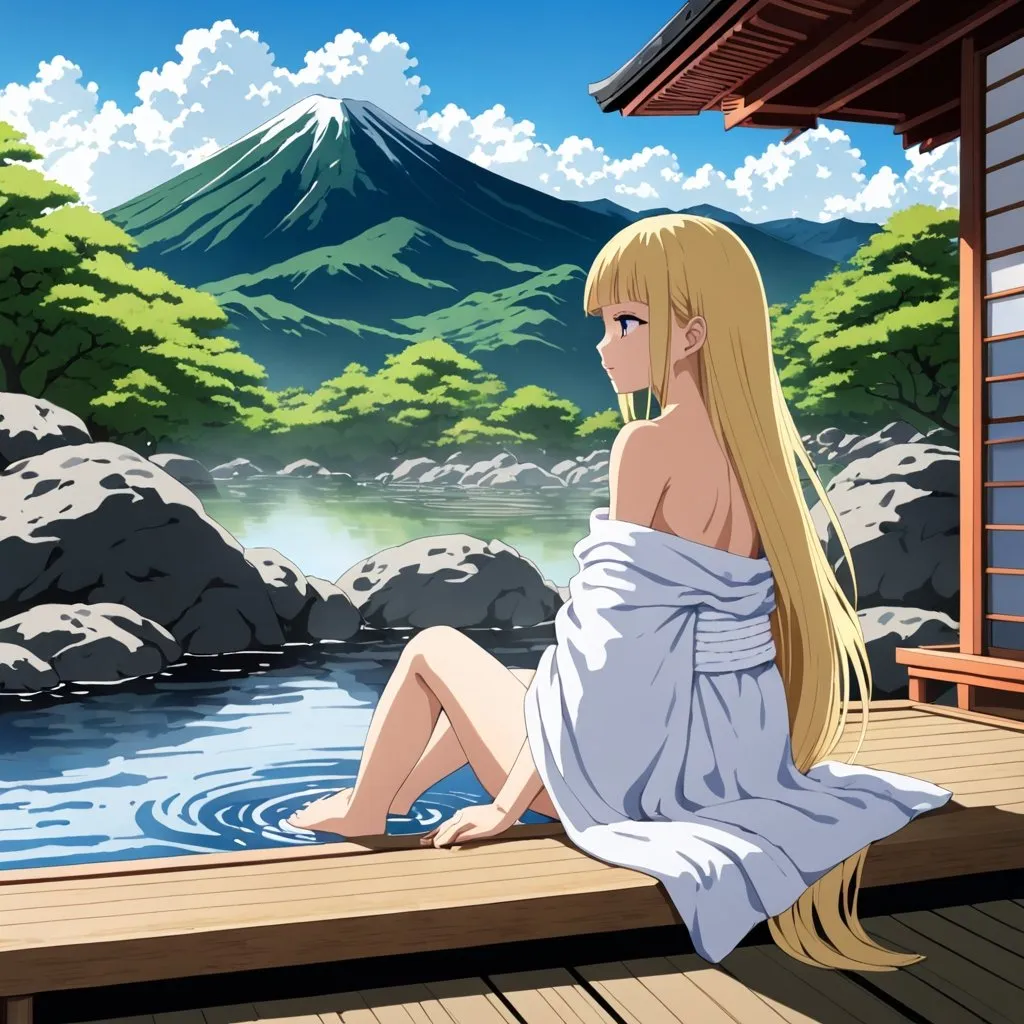 Prompt: 2d-anime, young girl wrapped in a white towel, sitting in an outdoor onsen with feet in the water, very long blonde hair, flat chest, bare shoulders, purple eyes, blunt bangs, detailed, clear blue sky with clouds, mountain landscape, serene and natural lighting, high quality, vivid colors, long hair detail, traditional Japanese setting, relaxing atmosphere.