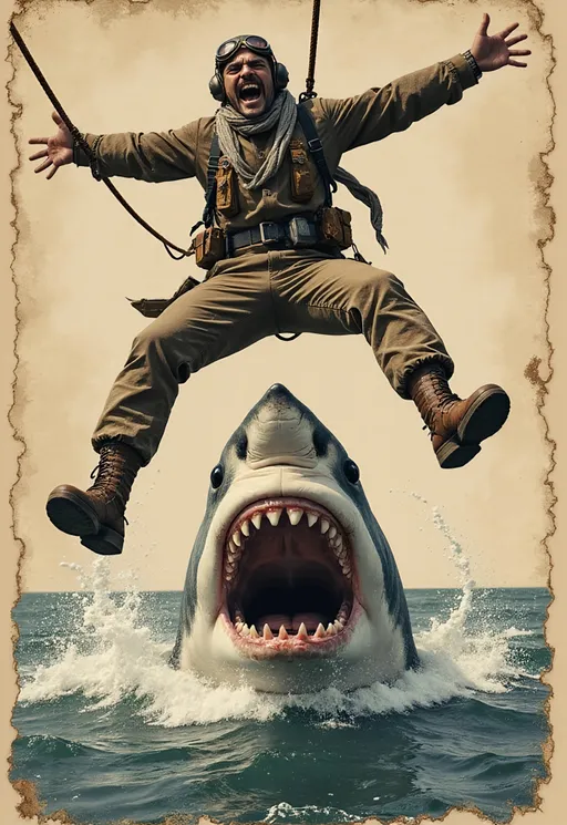 Prompt: A dramatic, high-contrast vintage-style illustration of a fearless, mustached adventurer bungee jumping directly above a massive great white shark with its jaws wide open. The man is wearing retro aviator goggles, a leather flight helmet, a rugged jumpsuit with tactical gear, and a flowing scarf fluttering in the wind. He screams with exhilaration as he descends, arms spread wide. The shark, rising from turbulent ocean waves below, is depicted with exaggerated, razor-sharp teeth and intense, wild eyes. The entire scene has a gritty, hand-inked woodcut aesthetic with sepia-toned parchment textures, evoking pulp action comics and 1940s war posters. Water splashes and motion lines add energy and chaos to the composition, giving the image a bold, cinematic feel.