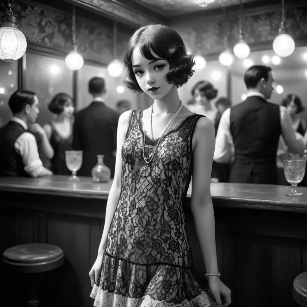 Prompt: Anime illustration of a young girl, 1920s dance hall, black and white photography style, image noise, detailed lace dress, elegant posture, vintage decor, speakeasy atmosphere, high quality, anime, 1920s style, black and white, vintage, detailed dress, atmospheric lighting, grainy texture