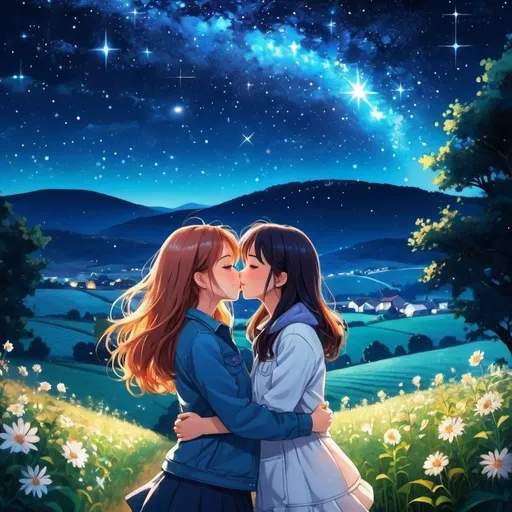 Prompt: anime illustration of two young girls in love, starry sky, space-themed, Perfect voluminous body, perfect faces, eyes shut, shy, rural farm in the background, high quality, detailed faces, romantic, fantasy, space theme, vibrant colors, atmospheric lighting, loving eachother, stars, kissing, wide view, full body shot.