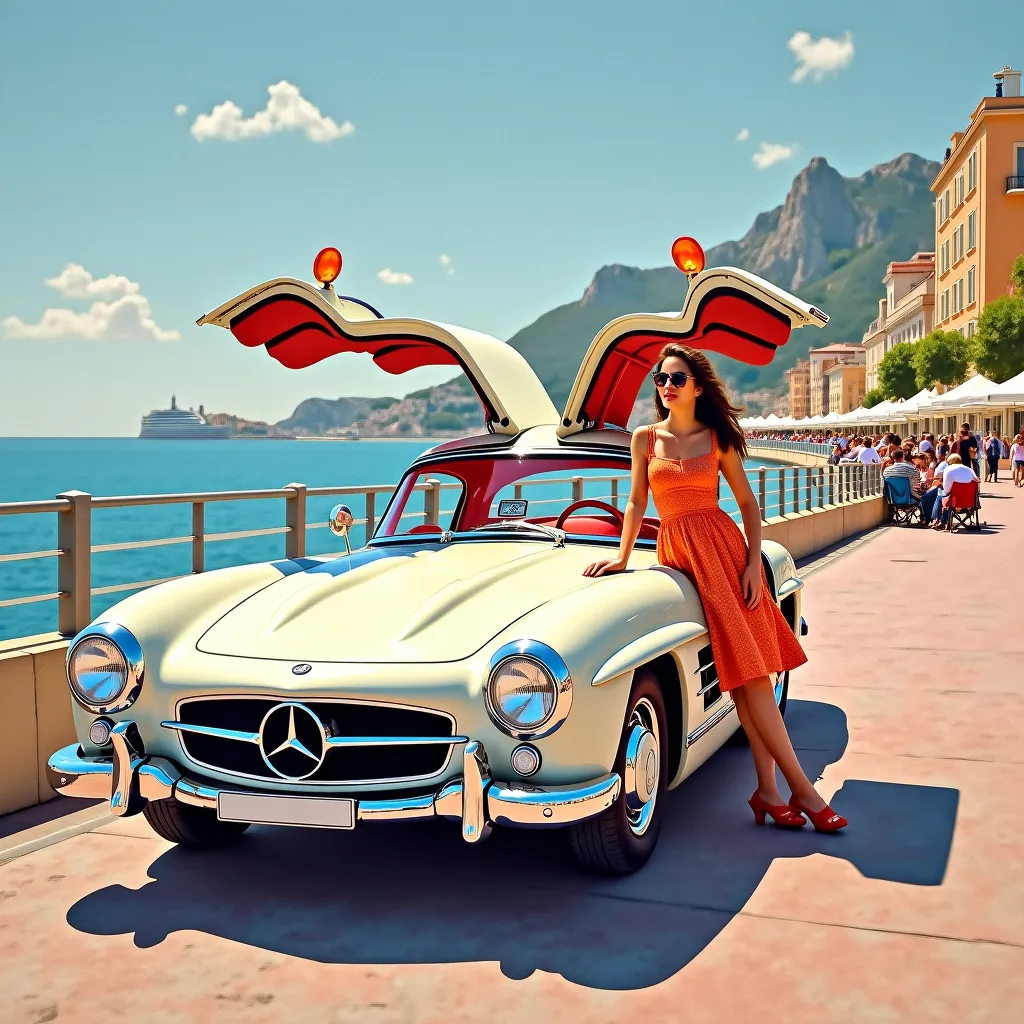 Prompt: A portrait painting of an old Mercedes gullwing with open doors on the promenade of Nice, France, in the pointillist style of Claude Monet, with soft pastel colours.
An enchanting girl poses leaning against the car, la dolce vita.