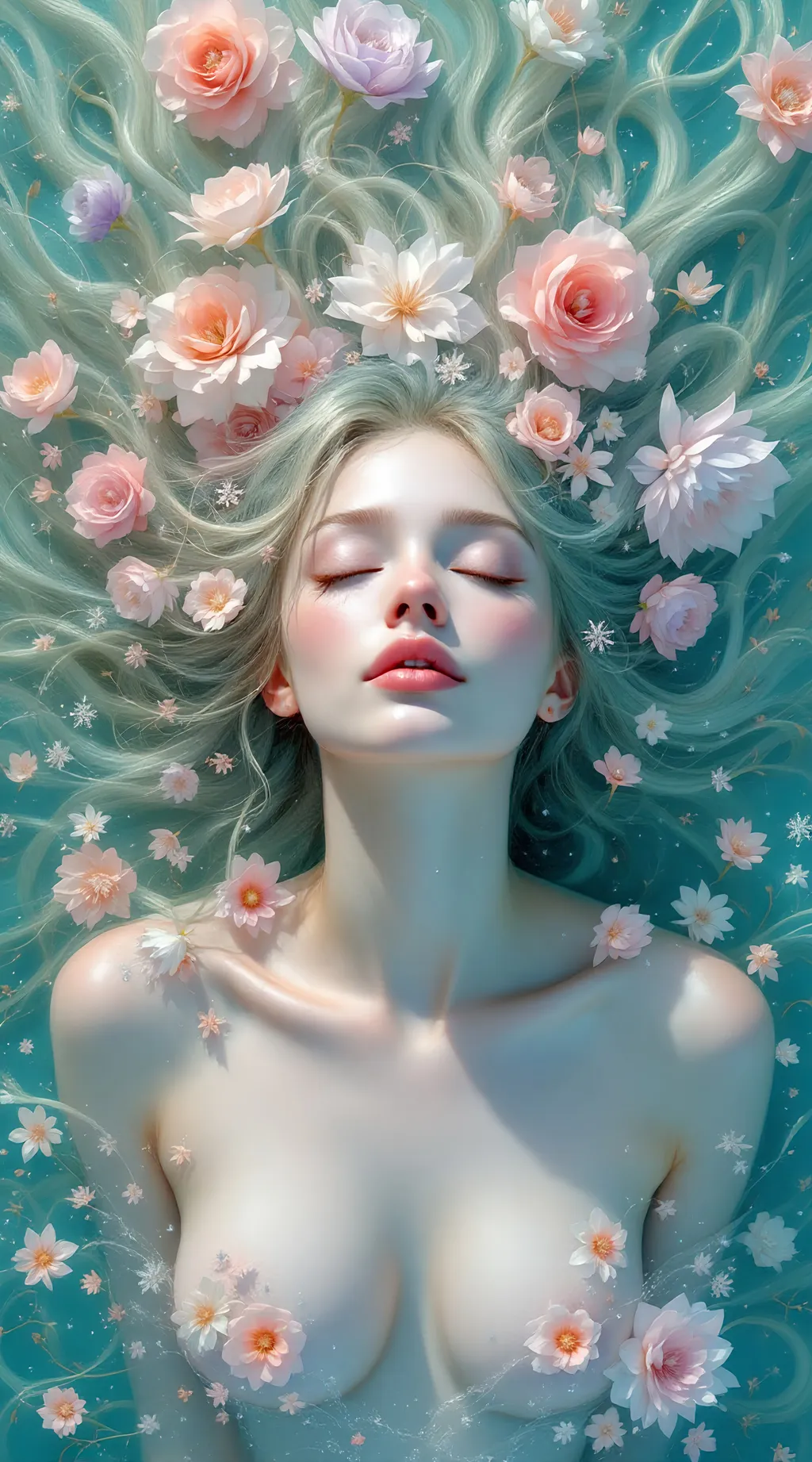 Prompt: Photorealistic woman submerged in water, pastel color scheme, art nouveau-style illustration, colorful collage elements, intricate floral arrangements surrounding him, embellished with sparkling crystals, inspired by Susan Seddon Boulet's mastery, symmetrical composition enhancing harmony, dreamy and serene ambiance, ultra-detailed, HD quality—capturing the intersection of nature and human form in a mesmerizing visual ode.