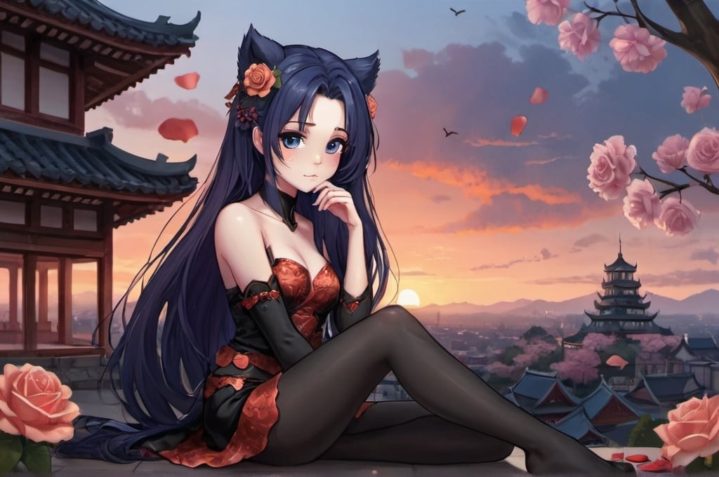 Prompt: 1girl, evening, sitting, outdoor, looking at viewer, east asian architecture, cityscape, pagoda, castle, town, building, cloudy sky, orange sky, sunset, dusk, twilight, flower, red flower, rose petals, petals, hair ornament, fur trim, long hair, black legwear, blue eyes, blue hair, architecture, detailed, highres, twilight, professional, scenic, atmospheric lighting