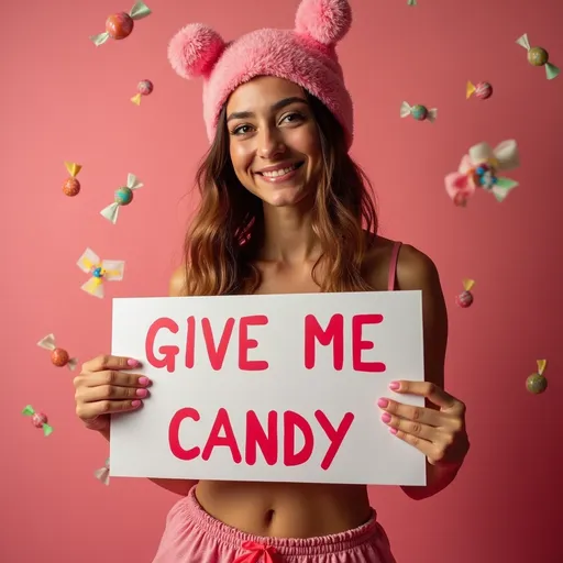 Prompt: (accurately spelled text "GIVE ME CANDY"), beautyful young woman, skimpy modern outfit, cheerful expression, bright playful outfit, holding a colorful sign, vibrant background, candies scattered around, warm lighting, inviting ambiance, high detail, 4K resolution, evokes a sense of joy and playfulness, ideal for capturing the essence of childhood sweetness.