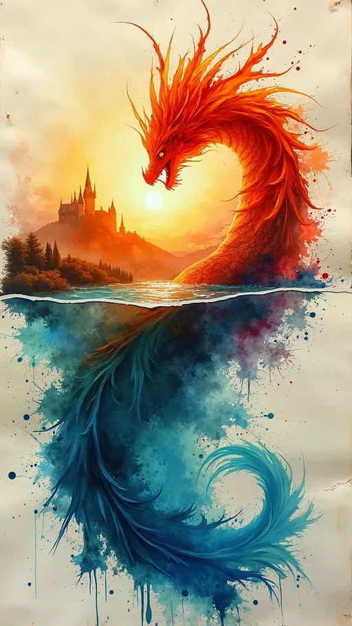 Prompt: A mesmerizing double exposure artwork!

In a close-up shot, an old, cracked paper serves as the canvas. A transparent water dragon, crafted from swirling colors, emerges from the liquid background. The dragon's body is made of fluid markers' splatter and watercolor drops, blending into abstract expressionism. Above, a soaring phoenix rises against an orange sunrise backdrop, with a castle and meadow in the distance.

The artwork transitions seamlessly to a cinematic portrait on the same cracked paper. A phoenix's head dominates the top half, while the bottom half showcases a mysterious fantasy book illustration, featuring intricate washes and expressive brushstrokes akin to Craola, Kuindzhi, Dan Mumford, or Andy Kehoe's styles.
