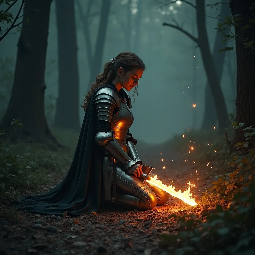 Prompt: photrealistic masterpiece, portrait, *(kneeling female knight)* in broken armour, dark forest, eerie atmosphere, (magical flaming sword) radiates a soft glow and warmth, draws sword with both hands from the ground, mystical shadows dance on the ground, medieval fantasy, magical spells, shadows, enchanting yet haunting scenery, rich details in bark and foliage, (4K), overall mood of sadness interwoven with a touch of magic, emotionally resonant and dramatic.