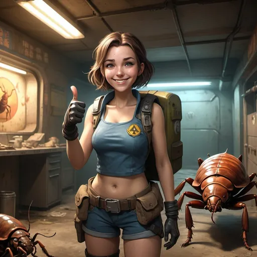 Prompt: Anime masterpiece of a realistic post-apocalyptic scene, girl in fallout shelter outfit, belly free, smiling with thumbs up, giant cockroach in the background, best quality, ultra-realistic, anime, post-apocalyptic, detailed character design, atmospheric lighting, professional, intense color tones, detailed environment