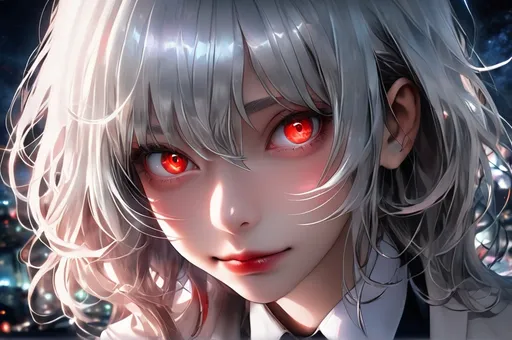 Prompt: 1girl, bangs, city lights, glowing, hair between eyes, looking at viewer, necktie, night, night sky, red eyes, solo, space, star \(sky\), starry sky, white hair