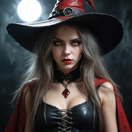 Prompt: A female young witch, witchcraft, soft lighting glow, dream like, tears of blood, in focus, sharp focus, smooth, wearing red leather torn gothic attire, with a disheveled, long messy unruly unkempt hair, dark horror background, witch wizard type hat, wild yellow crystal cat eyes, blood, dark and haunting theme, chaotic background, magic spell, highly detailed, luis royo, julie bell, Yoji Shinkawa, highly detailed, full body shot.