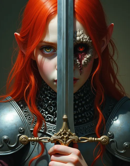 Prompt: Frank Frazetta dark fantasy photorealistic art, (extreme close-up portrait of face and top of chest) of girl with pale skin and bright red hair wearing detailed chain mail.  She holds a sword in front of her, which divides her portrait into 2 sides, the mirror reflection of the sword shows a monstrous face, hyper realistic.