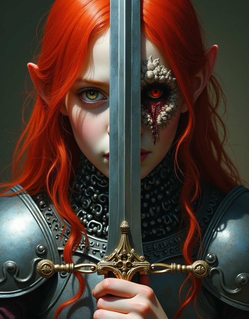 Prompt: Frank Frazetta dark fantasy photorealistic art, (extreme close-up portrait of face and top of chest) of girl with pale skin and bright red hair wearing detailed chain mail.  She holds a sword in front of her, which divides her portrait into 2 sides, the mirror reflection of the sword shows a monstrous face, hyper realistic.