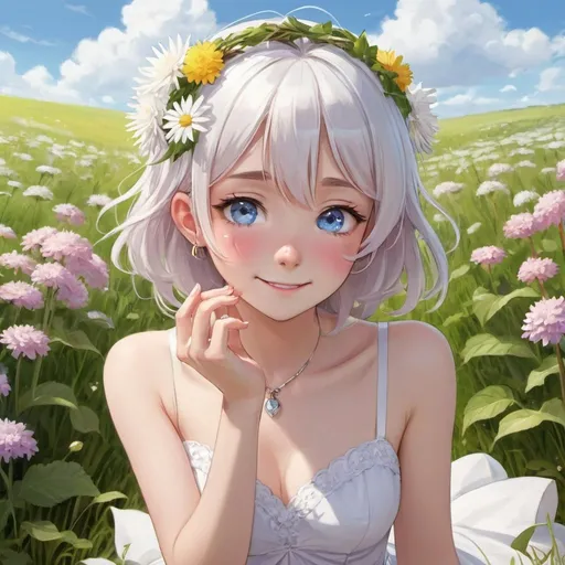 Prompt: 1girl, ;d, animal ears, bare shoulders, blue eyes, blue sky, blush, cloud, daisy, dandelion, day, dress, eyebrows visible through hair, field, flower, flower field, flower wreath, grass, hair between eyes, head wreath, hydrangea, jewelry, lily \(flower\), long white hair, looking at viewer, on grass, one eye closed, open mouth, outdoors, outstretched arm, outstretched hand, petals, pink flower, purple flower, reaching out, ring, sky, sleeveless, smile, solo, white dress, white flower
