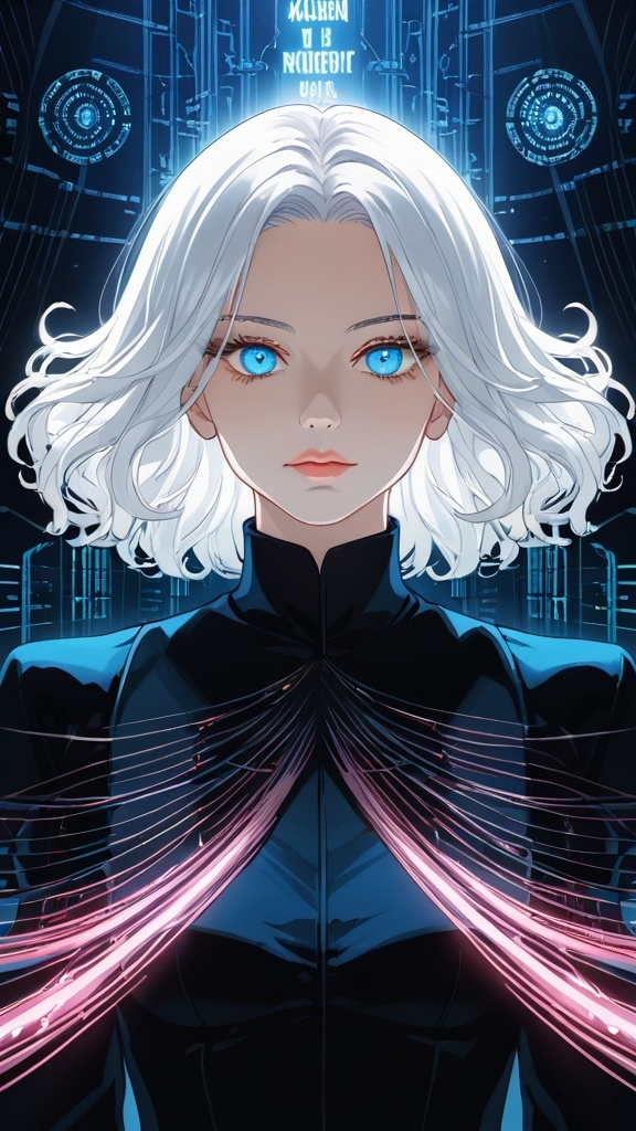 Prompt: portrait of a beautiful female short white hair, surreal flowing thoughts flowing from head, intricate patterns and textures, surreal elements, immersive depth, mesmerizing composition, Android Jones style, ultra-detailed, dynamic lighting, dreamlike ambiance, artistic painterly digital art by Loish, neon lights