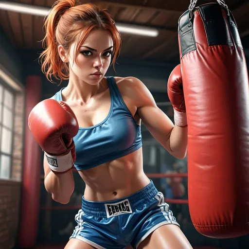 Prompt: digital art, best quality, highly detailed, realistic, manga style, solid manga colors, fearcefull pretty boxer woman, boxing punching strongly a punching bag, big impact, dynamic pose, dynamic composition, natural beauty, perfect fit thin body, colorfull boxing outfit, underground boxing club background, vibrant color, natural skin, natural realistic texture
