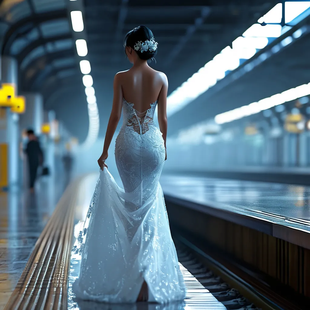 Prompt: splash art, hyper detailed, ultra realistic, very detailed, surreal heavy fog, AI defined exquisitely beautiful, totally ultra realistic young Asian woman, gorgeously detailed facial features, luscious cleavage, perfect body proportions, slim, very pale skin, ultra glamorous bride with translucent dress, walking in a train station, An image of someone boarding a train with one leg raised, 
HDR, UHD, high definition, 64k, cinematic lighting, special effects, hd octaneArtgerm