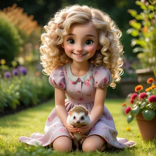 Prompt: Pretty girl with curly blonde hair, beautiful dress, smiling in camera, full body shot, wide view, garden setting, kneeing, small hedgehog on her arm, natural lighting.