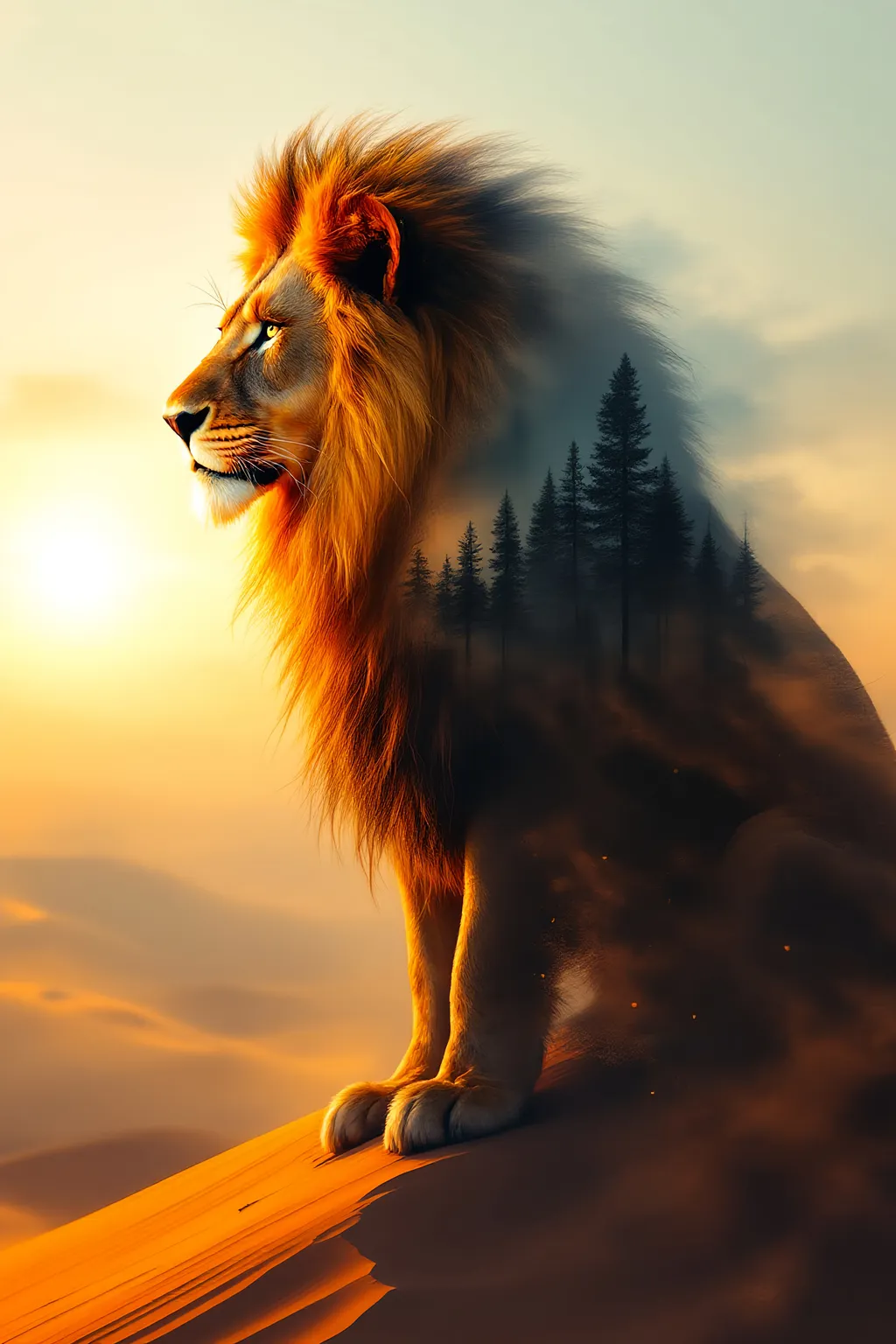 Prompt: Side view of a majestic lion stands proudly atop a sunlit dune in a vast, golden desert at sunset. Its silhouette forms the central focus of the composition and contains a dreamy double exposure of a misty pine forest, suggesting a deep spiritual connection between nature and strength. The style is a fusion of expressive oil painting and surreal digital art, with bold, visible brushstrokes adding texture and motion to the lion's mane and the swirling sands around it. Cinematic lighting bathes the scene in warm amber tones, casting long shadows and creating a high-contrast atmosphere. The background fades into a soft, hazy horizon, enhancing the dreamlike quality. The color palette leans into warm ochres, deep oranges, and muted blues. The mood is regal and contemplative—quietly powerful yet mystical. Use a 50mm lens depth of field for focus on the lion’s face, with subtle blur on the background dunes. Optional overlay text reads: "Desert King" in elegant serif font, glowing slightly, positioned bottom center.