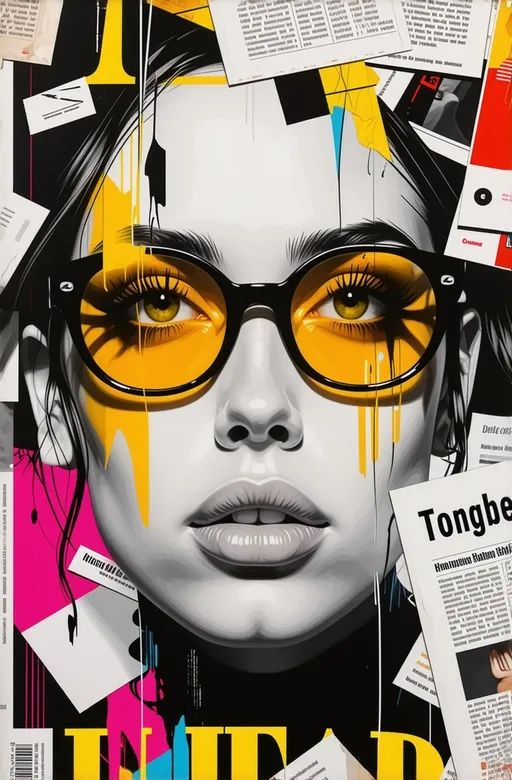 Prompt: (realistic woman's face on magazine cover), surrounded by scattered newspaper pages, (black and white photo portrait), artistic style influenced by Derek Gores, modern European ink painting techniques, vibrant pop art elements inspired by Tristan Eaton, detailed facial features and emotions, dynamic composition, high contrast, (vibrant colors), modern and creative ambience, (4K), visually striking and contemporary feel.