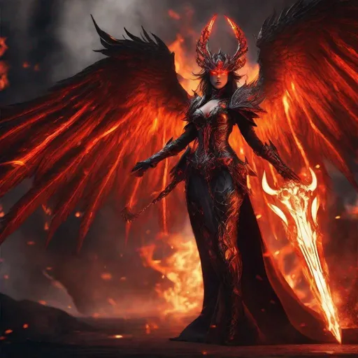 Prompt: Archdemon lady, dark and imposing figure, demonic burning wings and horns, intimidating presence, intricate details on armor, glowing red eyes, surrounded by flickering flames, high quality, digital painting, dark and fiery tones, dramatic lighting, menacing, powerful, infernal, full body shot.