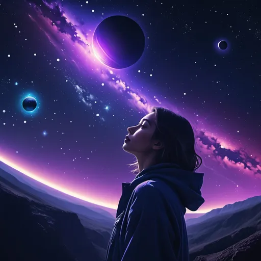 Prompt: (Mercury stretched image), celestial event, starry night sky, visible planets, professional, modern, Instagram format, dark azure and deep purple tones, glowing stars and planet outlines, diffused light shines on the person and illuminates the surroundings, dreamy atmosphere, space themed background, high resolution, ultra-detailed, visually captivating, eye-catching layout, clean and elegant font for the text, narrow crescent moon, passing comet tail, subtle gradient lighting, crystal clear quality, HD 4K.