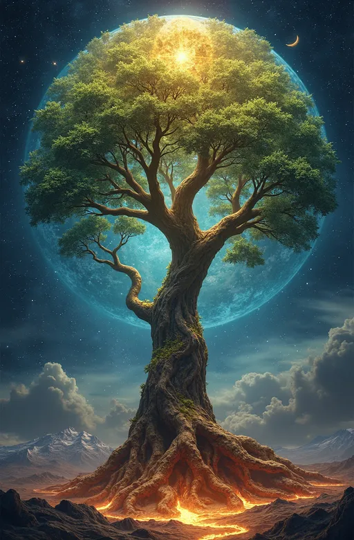 Prompt: A cosmic Yggdrasil, the World Tree, stands in the starry void, linking the nine realms of Norse mythology. Its weathered trunk and roots extend through the cosmos, anchoring worlds with unique atmospheres. At the highest branches, an ethereal golden realm glows with majestic halls and a shimmering bridge. Nearby, a lush forest teems with radiant beings and serene beauty.

Below, radiant beings dwell in a luminous enchanted forest with stardust-like trees. At the central trunk, humans live among rolling hills and forests, gazing in awe at Yggdrasil. Nearby, icy mountains and dark forests are home to hulking, menacing beings. Deep roots encircle a dim forge world of glowing molten light, where craftsmen create intricate treasures.

Lower realms include an icy wasteland of glaciers and mist, haunted by ghostly figures, and a fiery realm of lava guarded by colossal flame beings. At the base, a shadowed land of drifting souls evokes despair, overseen by a looming structure.

Encircling Yggdrasil, a serpent gnaws at its roots, while an eagle watches from the highest branches. A squirrel scurries along the trunk, adding lively movement. Cosmic light bathes the tree, stardust drifting around its glowing realms. Hovering runes and infinite stars enhance the mythic wonder, grounding the scene in ancient majesty.