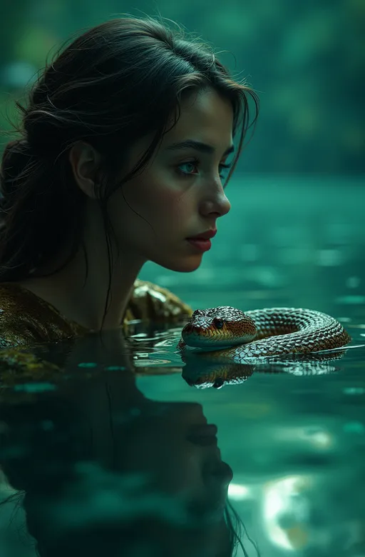 Prompt: Creates a dreamlike landscape where the raft floats serenely on a mirror-like sea. The young woman gazes at her reflection alongside that of the snake, both enveloped in maroon and olive green lights, while her detailed eyes capture the essence of the underwater world.