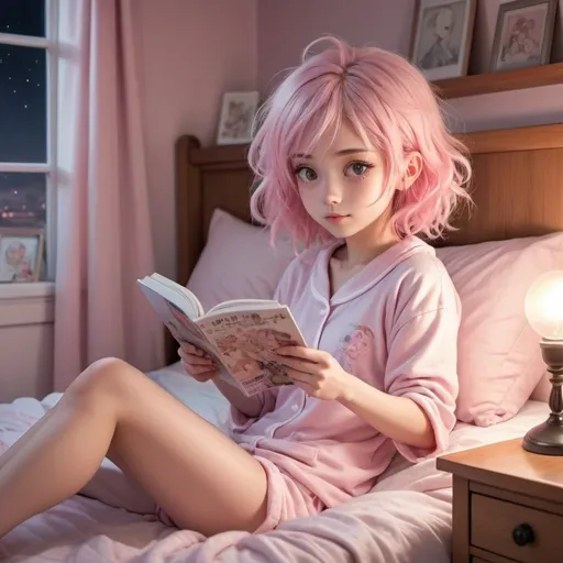 Prompt: Cool anime illustration of young girl getting ready for bed, reading manga, cozy bedroom with warm lighting, detailed facial features, soft pastel colors, detailed pink hair and clothes, highres, anime, cozy detailed eyes, soft pastel tones, warm lighting, bedroom setting, short pajamas, professional, atmospheric lighting, full body shot.